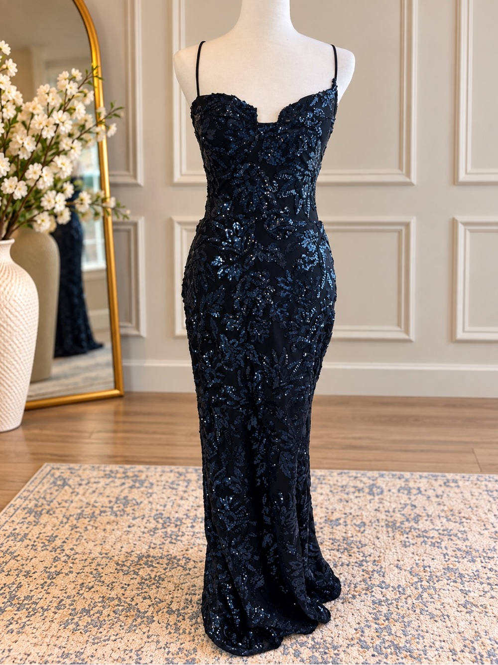 Windsor Navy Blue Sequin Spaghetti Strap Prom Gown